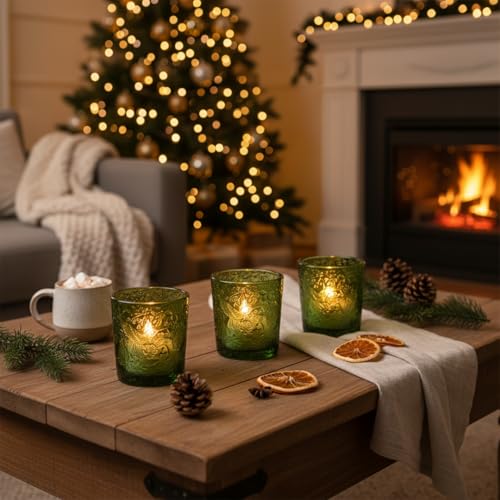 12 Pack Hummingbird Embossed Glass Candle Holders – Votive Tealight Holders with Patent Design, Decorative Embossed Glass Cups for Wedding Centerpieces, Parties, and Home Décor (Moss Green) - color: Moss Green