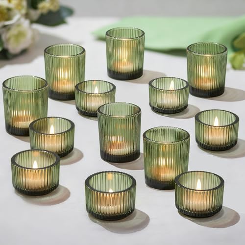 Hewory Glass Tealight Candle Holder: 24 Pcs Dark Green Votive Tea Lights Candle Holder, Ribbed Tea Light Holders Fall Decorations for Thanksgiving Table Centerpiece Wedding Party Home Decor - color: Dark Green, size: 24PCS