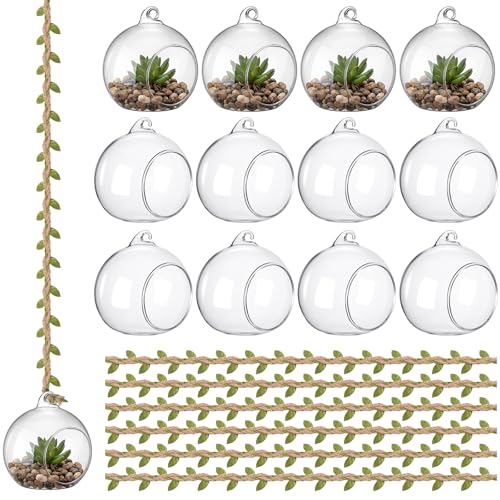 GlikCeil 13 Pcs 3.15'' Hanging Glass Candle Holder with Burlap Leaf Ribbon, Glass Orbs Air Plants Tea Light Candle Holders, Globe Plant Terrariums for Decor Indoor Outdoor Garden DIY (Clear) - color: Clear