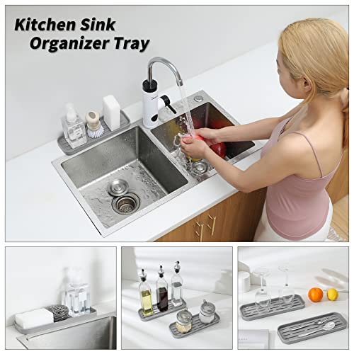 MicoYang Silicone Kitchen Sink Organizer Tray for Multiple Usage,Eco-Friendly Sponges Holder for Kitchen Bathroom Counter or Sink,Dish Soap Dispenser,Scrubber,Bottle,Cup (Grey, 12"×4") - color: Gray, size: 12" x 4" x 0.7"