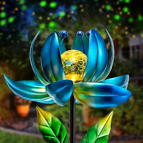 Solar Garden Lights Metal Flower Decor, Colorful Spinning Windmill Lotus Pathway Ligths with LED Cracked Crystal Ball Outdoor Decorative Stake Lighting Waterproof Flower Sculpture for Patio Yard - color: Multicolor