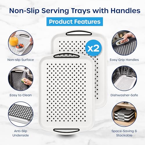 Food Trays for Eating on Couch - 2 Pack - Non Slip Dinner Trays for Eating Set of 2 Non Slip Serving Tray and Food Tray with Handles (White) - color: White - 2 Pack