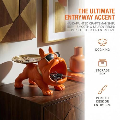 French Bulldog Tray Sculpture – Multifunctional key tray and candy bowl, resin bulldog statue, suitable for entryway tables, office desks, living room use, home decor gift. (orange)