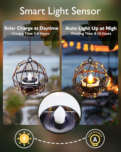 Homemory Solar Tea Lights Outdoor Waterproof Hanging Lanterns, Beaded Copper Wire Ball Holders with Solar Powered Tea Lights Candles, Ideal for Patio, Garden, Backyard, Pergola, Tree, Fence, 4-Pack - color: 4-Pack, Hanging Lanterns Solar Tealights