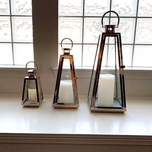 allgala Lantern Jumbo Deluxe Modern Indoor/Outdoor Candle Stainless Steel Rectangular Frame with Lattice Grid Tempered Glass for Garden Poolside Fireplace Wedding (Pack of 3, 24 Inch, Rose Gold) - color: Taper Rose Gold