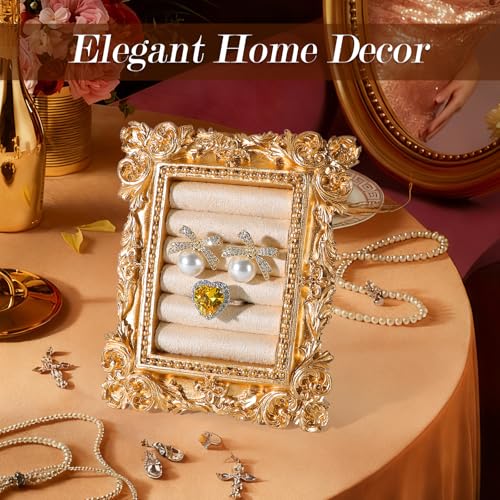 Vintage Ring Holder Rectangle Gold Velvet Display Stand - Baroque Jewelry Organizer Box Tray for Wedding Engagement Anniversary Women Birthday Christmas Gift Photograph Prop (MPF05-Gold White) - color: MPF05-Gold White