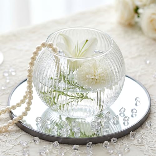 Hushee Clear Round Glass Vases for Centerpieces 4” W x 3.15” H Bubble Bowl Ribbed Glass Flowers Vases for Table Centerpieces Candle Holders for Wedding Event Home Decor