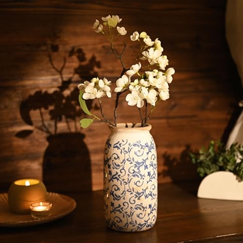 VICTOR & TERESA Rustic Large Blue and White Vase for Home Decor, 10'' Tall Ceramic Vases for Flowers, Farmhouse Decorative Vases for Pampas Grass,Table, Mantel, Living Room, Centerpieces - color: Blue and White, size: Large-10''