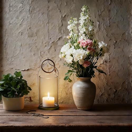 4" Wide Handmade Sturdy Glass Cylinder Jar with Metal Stand in Antique Brass, Display Glass Container for Candles and Plants, Hurricane Lantern, Candle Holder, Industrial, Farmhouse, Outdoor - size: 4"x11"
