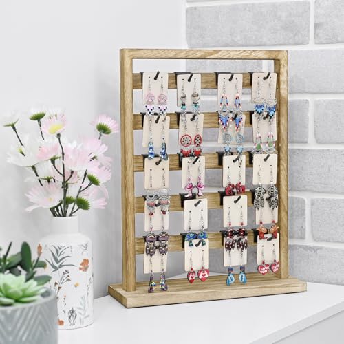 Ikee Design Wooden Jewelry Display Rack with 20 Removable Metal Hooks, Earring Card Display Holder Stand for Earring Cards, Necklaces, Bracelet, Keychain Stand, Oak Color - color: 4) Oak