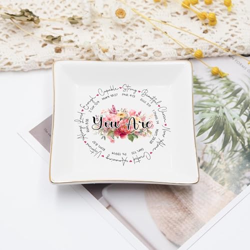Christian Bible Verse Jewelry Dish Gift for Women, Faith 4" Ceramic Jewelry Tray, Christian Inspiration Gifts - Mother's Day, Birthday, Religious Gift - Communion, Confirmation Gifts for Teen Girls - color: You Are Round