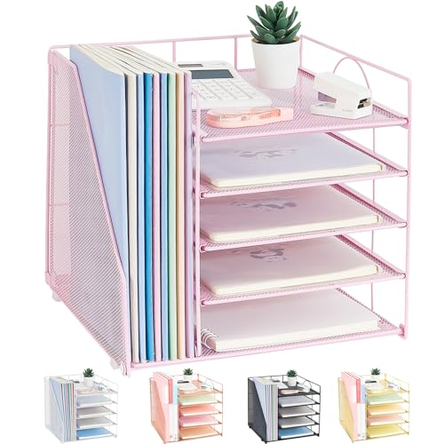 LEKETREE Desk Organizers and Accessories, 5-Tier Paper Letter Tray Organizer with File Holder, Desktop Organizer for Office Supplies (Pink) - color: Pink, size: 12" x 12" x 12"