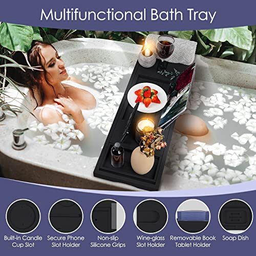Foldable Bathtub Caddy Tray, Bamboo Bath Tub Tray Table for Tub with Wine Glass Holder Book Phone Tablet Holder with Extending Sides, Adjustable Bathroom Bathtub Free Soap Holder Gift Idea (Black) - color: Black