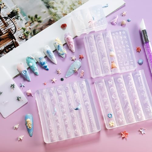 Laza 4pcs Ocean Silicone Nail Art Molds, 3D Mermaid, Starfish, Seashell, Jellyfish Nail Charms Molds Clear Modeling Templates Silicone Beach Nails Pattern Nail Tools with Sculpture Pen for Nail Design - color: Ocean world