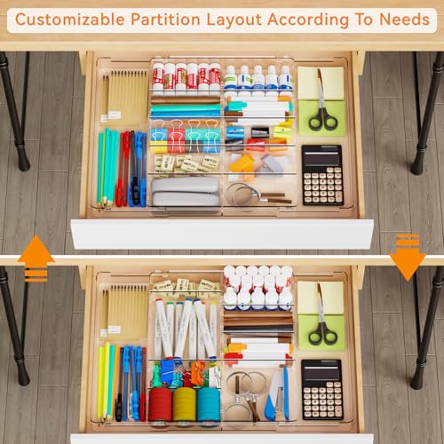 Yieach Large Expandable Desk Drawer Organizer Tray for Office Supplies and Accessories With 12 Adjustable Compartments,Office Drawer Organizers for Pencil,Pen and Kitchen Junk Drawer Organizer,Clear - size: L-12.6 to 21.3x14.5x1.8 In