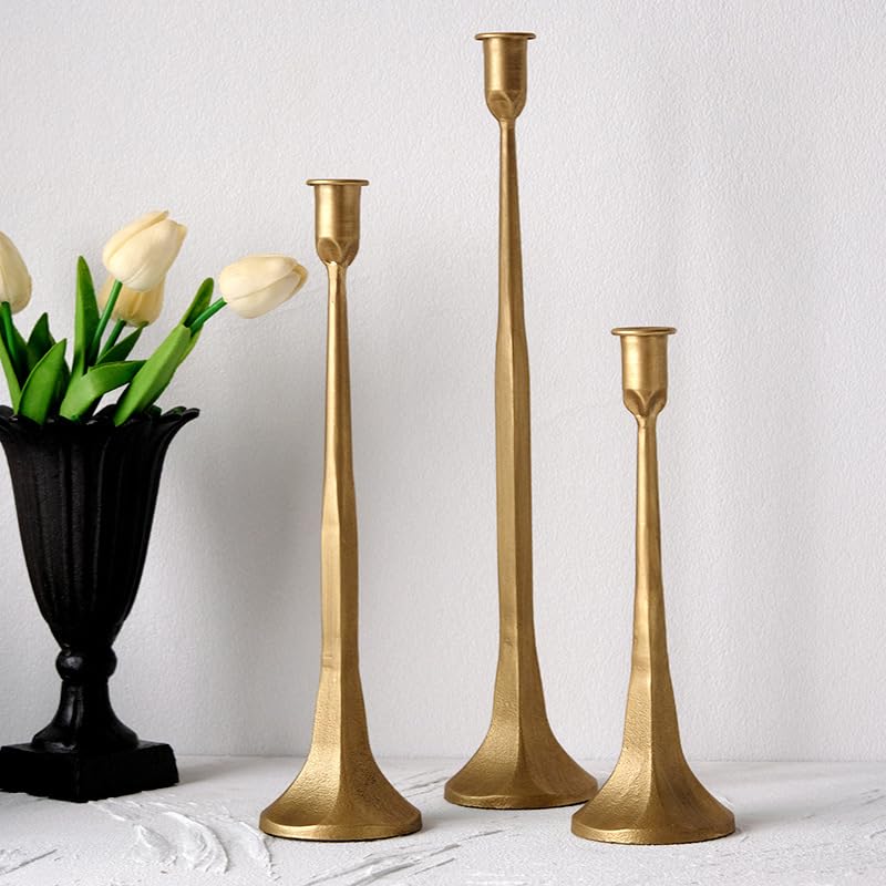 Denique Iron Taper Candle Holder Set of 3, Gold Candlestick Holders Decorative Candle Stand, Tapered Candle Holders Tall Set for Wedding, Dining Table, Home Decoration (Gold) - color: Gold, size: 12”,14”,15.5”