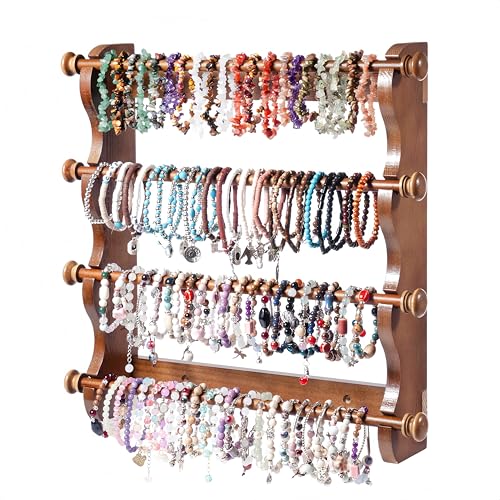 4 Tier Wooden Bracelet Holder Wall-Mounted, Bangle Watch Necklace Display Storage Antique Bracelet Display Jewelry Holder Display Organizer, Brown 4 Tier Wooden Bracelet Holder - style: 4 Tier Wall Monuted