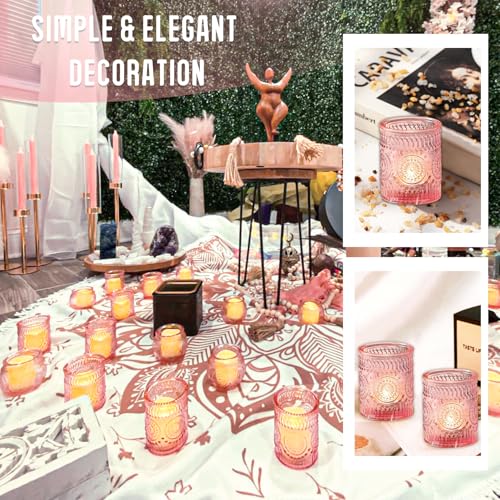 24 Pcs Pink Glass Votive Candle Holders, Tealight Candle Holders for Table Centerpieces, Vintage Candle Holder Bulk, Boho Wedding, Valentine's Day Table Decor (Pink) - color: Pink