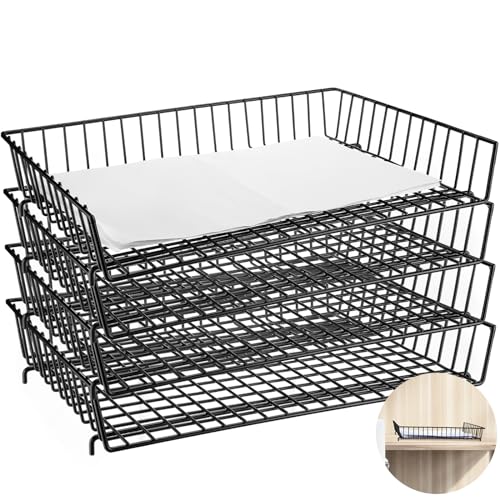 Hicarer 4 Pcs Metal Paper Tray 11 x 17 Inch Iron Wire Grid Desk File Document Letter Tray 11 x 17 Paper Desk Organizer Wide Entry Basket for Office Home (Black)