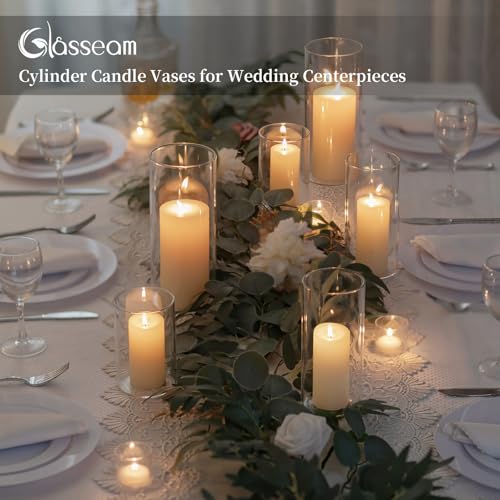 Glasseam Hurricane Glass Candle Holders: 3 Pcs Clear Cylinder Vases for Centerpieces Large Pillar Candle Holder for Floating Candles Modern Home Decor Wedding Table 5.3'' 7.3'' 9.5'' Height