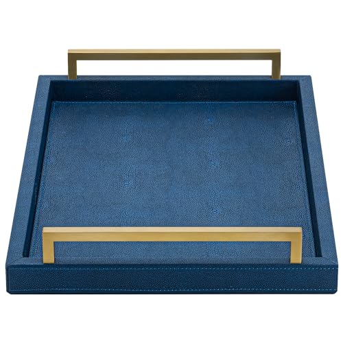 XIGEXIGE Navy Blue Decorative Serving Tray, Shagreen Leather Coffee Table Tray, Rectangle for Home Decor - color: Blue, size: 17" x 12" x 2.5"