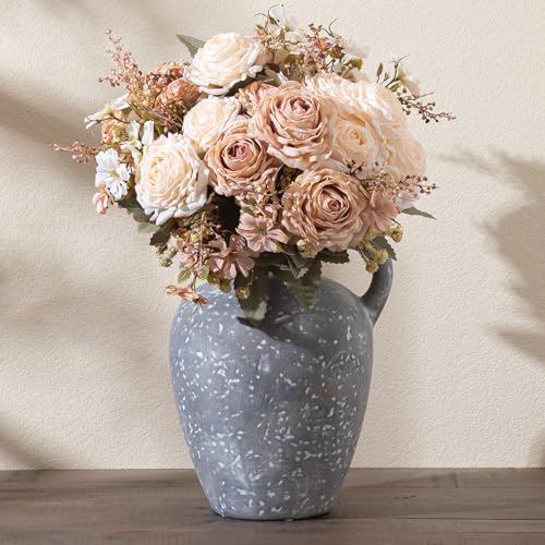 Ceramic Decorative Flower Vase with Handle, 8.85 Inch Pottery Rustic Farmhouse Vase for Home Decor, Living Room, Shelf Decor, Wedding, Housewarming Gift - color: Farmhouse-8.85 In-2