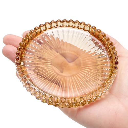 Elsjoy 8 Pack 4 Inch Glass Coasters for Drinks, Amber Tone Modern Clear Coaster Set, Round Crystal Glass Pillar Candle Holder Plates for Table Centerpieces, Home Decor