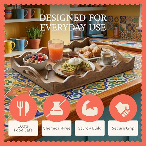 Mela Artisans Ottoman Wooden Serving Tray | Large, Scallop | Decorative Mango Wood | Serve Breakfast, Other Foods, Coffee and Tea | Rustic Home Decor | 16" x 12” x 2.5”