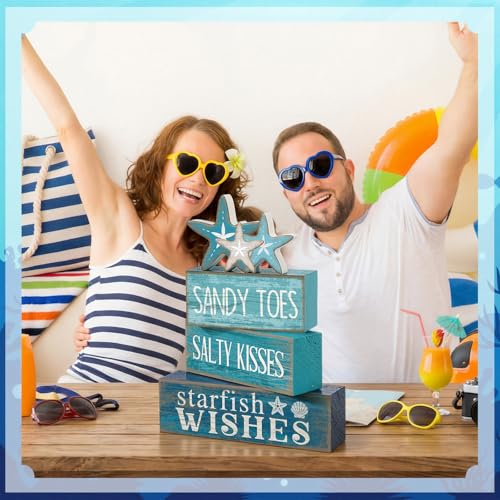 Yuntau 4 Pcs Summer Table Decorations Beach Tiered Tray Decor Starfish Coastal Rustic Wooden Block Sign Stacked Book Nautical Table Centerpiece for Farmhouse Home Living Room Office Desk Shelf Mantel - style: Starfish