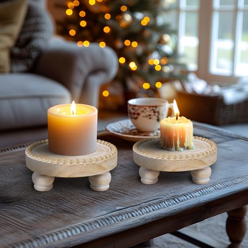Small Wood Risers for Decor, Round Wooden Display Risers Candle Plates and Trays, Farmhouse Candle Trays Home Decor, Pedestal Stand for Mini Cake, Mug Display Decorative, Table Centerpiece, Brwon - color: Brown, size: Set of 2