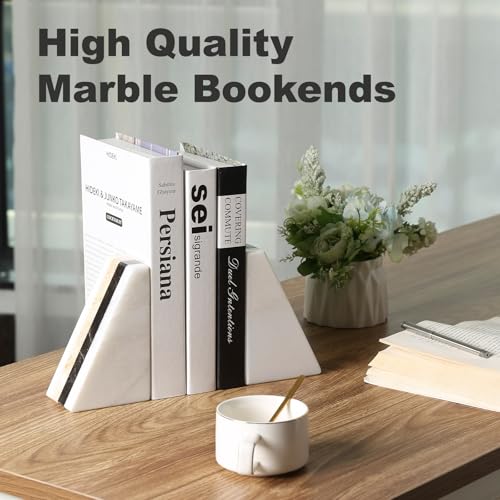 Karibiber Marble Book Ends, Non-Skid Bookends for Shelves, Composite Bookend with Natural Marble, Heavy Duty Book Stopper, Collected CDs and Oversized Books Organizer, Gold & Black Decorative Bookends - color: White&gold& Black