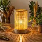 LUSHARBOR Battery Operated Lamp Boho Rattan Table Lamp with Timer, Battery Powered Lamp Bedside Cordless Accent Lamp for Livingroom/Entryway/Tabletop Decor Beige - style: LATTICE
