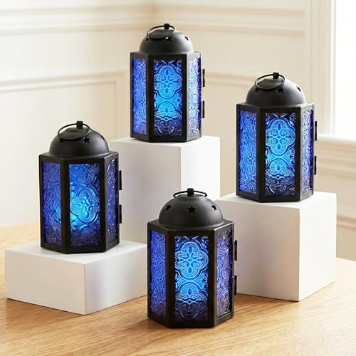 VELA LANTERNS Mini Moroccan Tea Light Candle Holder Lanterns – 4.25" Small Decorative Lantern for Table or Hanging, Metal with Glass Panels – Ramadan, Wedding, Home Decor, Cobalt Blue (Set of 4) - color: Cobalt Blue