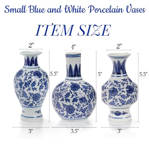Goaste 3 Pack Small Blue and White Porcelain Vases, 5.5 Inch Tall Mini Vintage Vases, Classic Decorative Bud Vase, Chinoiserie Ceramic Vase for Home Decor, Office, Party Decoration and Events