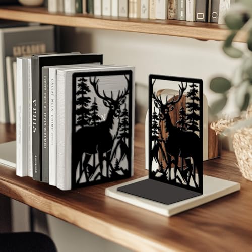Peacoblue Metal Bookends for Shelves, Modern Decorative Heavy Duty Study Book Ends Stoppers for Office, Desk, Shelf, Room 5.3"x4.3"x7.9" Cast Iron Simple Tall Bookends 1 Pair (Deer and Forest) - style: Deer and Forest