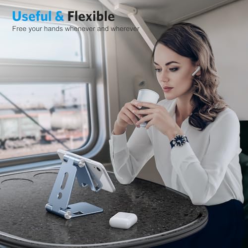 OMOTON Foldable Cell Phone Stand, C4 Portable Aluminum Phone Holder, Adjustable Phone Dock Cradle Compatible with iPhone 17/16/15 Pro Max Air, Samsung Galaxy, Small Tablets, Smart Phones, Light Blue - color: Light Blue