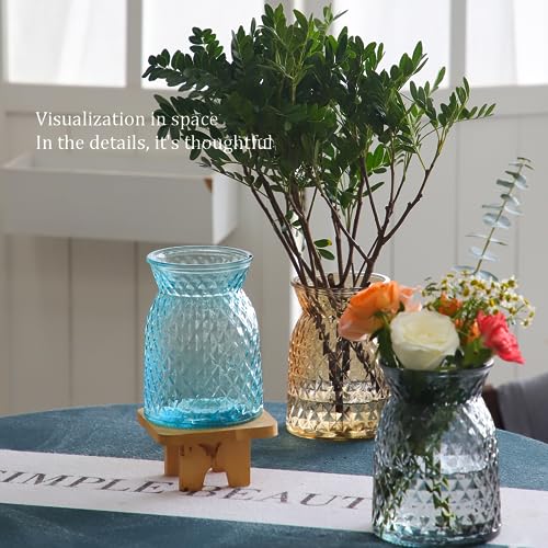 OFFIDIX Glass Vase,6.2 * 3.5in Large Mouth Shape Geometric Faceted Design Flower Vase for Weddings,Events,Decorating,Office,Home Decor - color: Blue-2