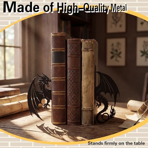 Hicarer Dragon Metal Bookends Push Dragon Bookends Cute Book Ends for Shelves Decorative Home Office Desk Bookshelf Gift for Reading Enthusiasts Family - style: Dragon