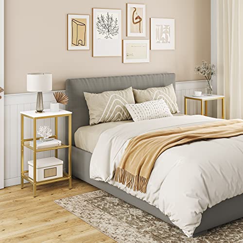 HOOBRO Tall Side Table, 3-Tier Telephone End Table with Adjustable Mesh Shelves, Small Entryway Table with Storage, Small Nightstand for Living Room, Bedroom, Hallway, White and Gold DW01DH01G1 - color: White + Gold