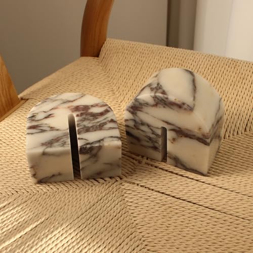 Set of 2 Natural Calacatta Viola Marble Bookends for Shelves, Decorative Book Ends for Heavy Books, Book Stopper Office Bookshelf Decor for CDs/Video Games