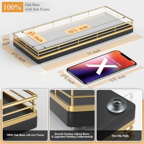 Wooden Decorative Tray, Oak 11.2" L Coffee Table Tray for Kitchen Countertop Soap Sponge Holder Candle Nightstand Table Centerpieces for Dining Room Decor Black Gold - color: Gold, size: 11" x 4.3" x 1.5"