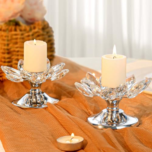 1 PC Silver Crystal Flower Tea Light Holder, Glass Tealight Candlestick with Metal Base, Votive Candle for Table Centerpiece, Wedding/Parties Decor, Nice Gift - color: Silver