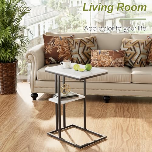 Easy Paws C Shaped End Table,Small Side Table for Couch and Bed, Gold Snack Couch Table for Small Spaces, Living Room, Bedroom,Bedside (White Marble) - color: Square-black, size: 1pc