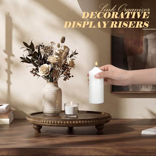 EOSAHR Acacia Wood Beaded Round Display Riser for Boho Decor – 3-Leg Wooden Pedestal Stand for Coffee Table, Cake Stand, Perfume Tray & Vanity Organizer – Riser for Decor (Dark Acacia) - color: Dark Acacia