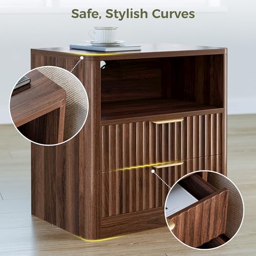 IRONCK Fluted Night Stand Set of 2, Modern Nightstand with Charging Station, Drawers and Open Shelves - Bedside Table Wood Side Table Set for Bedroom (Walnut) - color: Walnut