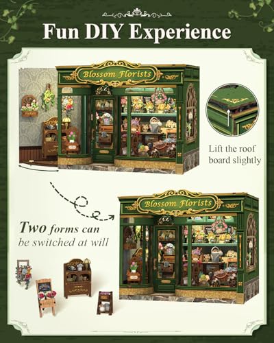 Cutefun Book Nook Kit - DIY Miniature Flower Shop Booknook Kits for Adults and Teens, 3D Wooden Puzzle Bookend Bookshelf with LED Light, Creative Crafts Gifts for Book Lovers (Blossom Florists) - style: Blossom Florists