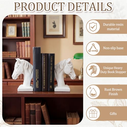 Set of 2 Horse Head Bookends Antique Heavy Duty Book Ends Resin Decorative Art Bookends for Derby Day Vintage Home Office Desk Decoration Horse Lovers Gifts (White) - color: White