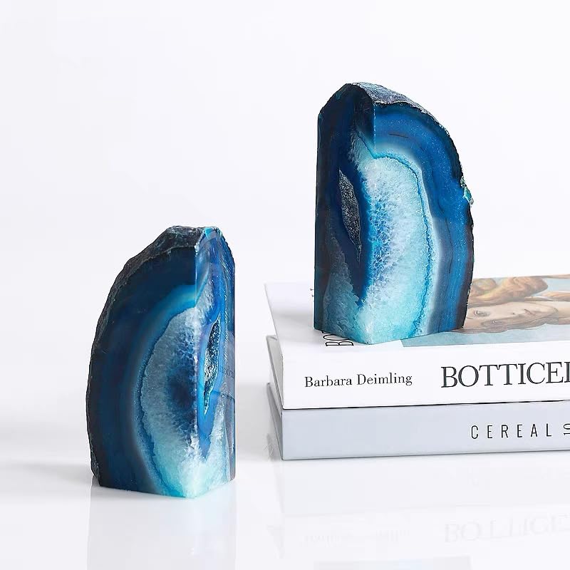 AMOYSTONE Natural Blue Agate Geode Bookends, Decorative Book Ends for Shelves, Stackable Book Stopper for Small Books, Unique Agate Stone Bookends, 2-3 LBS, Perfect for Home Office Decor - color: Blue, size: 2-3 Pounds