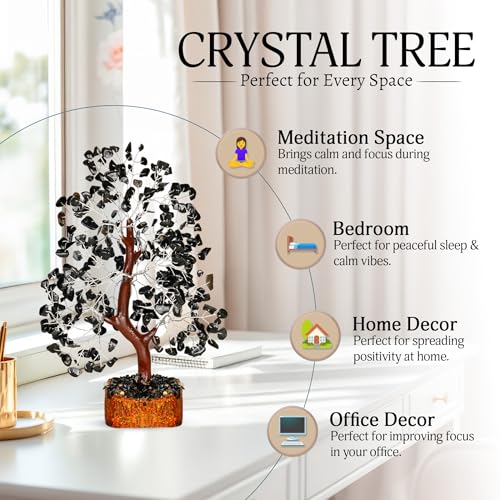 YATSKIA Black Tourmaline Gemstone Tree - Crystal Tree of Life - Crystals and Stones Home Office Decor - Good Luck Gifts for Women - color: Black Tourmaline Silver Wire