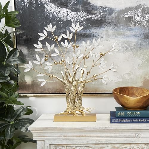 Deco 79 Metal Tree Decorative Sculpture Metallic Home Decor Statue with White Leaves, Accent Figurine 23" x 3" x 24", Gold